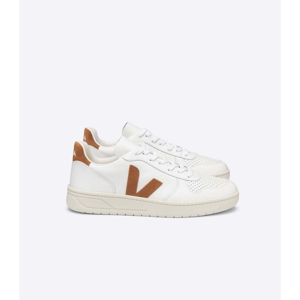 White/Brown Women\'s Veja V-10 LEATHER Sneakers | AU 640VRW